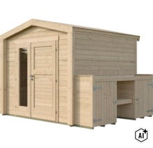 Abri de jardin en bois avec double porte et annexe intégrée avec étagère et placard (Image AI modified or generated)