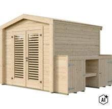 Abri de jardin en bois avec double porte et extension latérale avec surface de rangement pour outils de jardin. (Image AI modified or generated)