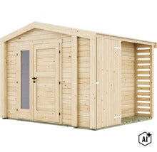 Abri de jardin en bois avec double porte, fenêtre et annexe latérale pour un espace de rangement supplémentaire. (Image AI modified or generated)