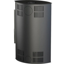 Poêle à bois en acier noir de forme cylindrique avec fentes de ventilation et options de raccordement.