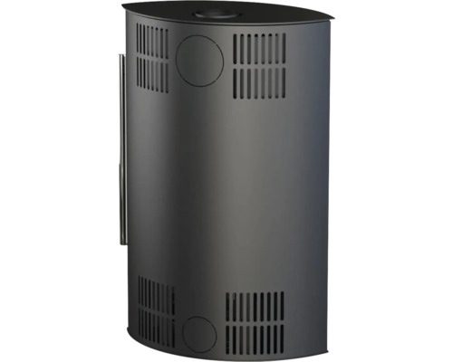 Poêle à bois en acier noir de forme cylindrique avec fentes de ventilation et options de raccordement.