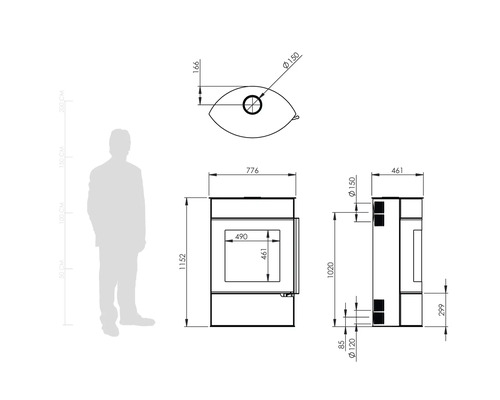Dessin technique d'un poêle à bois avec vues de face, de côté et de dessus et silhouette humaine pour l'échelle. Cotes en millimètres.