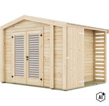 Abri de jardin en bois avec porte double et auvent latéral intégré (Image AI modified or generated)
