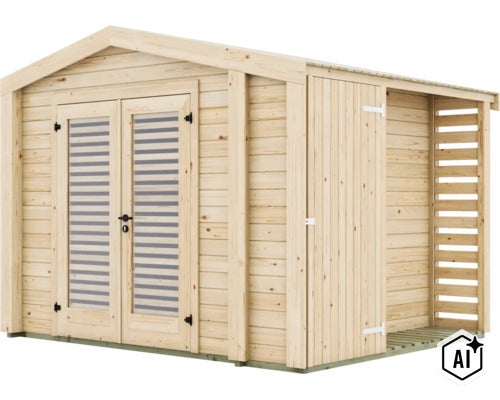 Abri de jardin en bois avec porte double et auvent latéral intégré (Image AI modified or generated)
