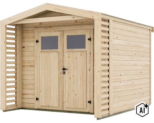 Abri de jardin moderne en bois avec double porte et écrans latéraux intégrés au design naturel. (Image AI modified or generated)
