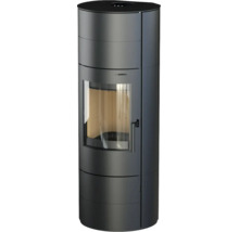 Poêle à bois cylindrique avec vitre incurvée, poignée verticale et raccordement supérieur pour le conduit de fumée.