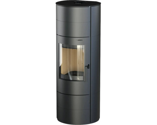 Poêle à bois cylindrique avec vitre incurvée, poignée verticale et raccordement supérieur pour le conduit de fumée.