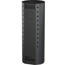 Habillage métallique noir pour appareils de chauffage ou réservoirs avec fentes de ventilation verticales et découpe ronde.