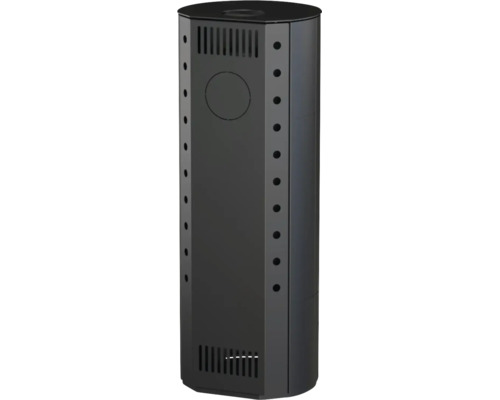 Habillage métallique noir pour appareils de chauffage ou réservoirs avec fentes de ventilation verticales et découpe ronde.