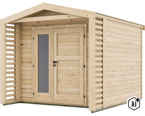 Abri de jardin en bois avec toit à deux pans, porte double avec panneau vitré et parois latérales à lattes. (Image AI modified or generated)