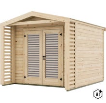 Abri de jardin en bois massif avec porte double, appentis latéral et fenêtres à persiennes (Image AI modified or generated)