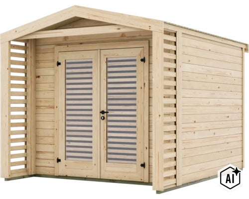 Abri de jardin en bois massif avec porte double, appentis latéral et fenêtres à persiennes (Image AI modified or generated)
