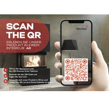 Une main tient un smartphone devant un poêle allumé et scanne un code Quick-Response pour une vue en réalité augmentée. Thermia Logo.