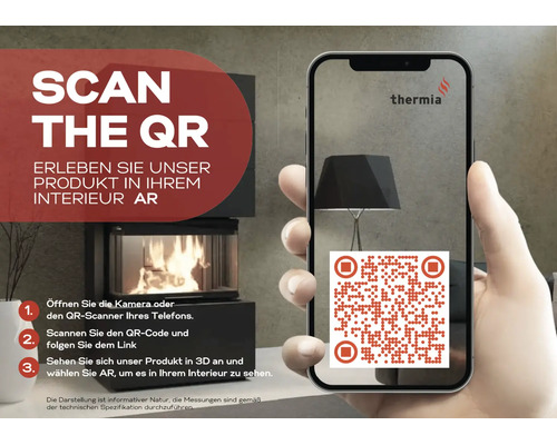 Une main tient un smartphone devant un poêle allumé et scanne un code Quick-Response pour une vue en réalité augmentée. Thermia Logo.