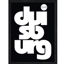 Gerahmtes Poster mit Schriftzug Duisburg und geografischen Koordinaten, Schwarz-Weiß-Design.