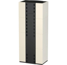 Armoire de rangement moderne crème composée de modules empilés avec un panneau central noir et des découpes rondes.