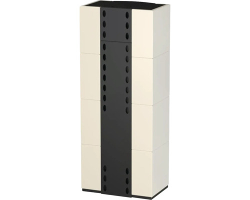Armoire de rangement moderne crème composée de modules empilés avec un panneau central noir et des découpes rondes.