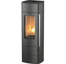 Poêle à bois noir avec vitre, feu de bois brûlant et longue poignée verticale.