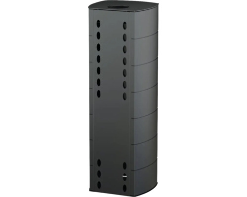 Poêle élancé en acier anthracite avec fentes de ventilation et face avant courbée.