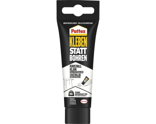 Pattex Colle de montage Kleben statt Bohren cristallin, Pattex Logo, Henkel Logo, fort maintien immédiat, tous matériaux, intérieur et extérieur.