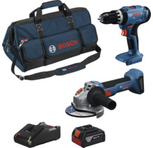 Set d'outils Bosch avec perceuse-visseuse sans fil, meuleuse d'angle, batterie 18 Volt, chargeur et sac à outils.