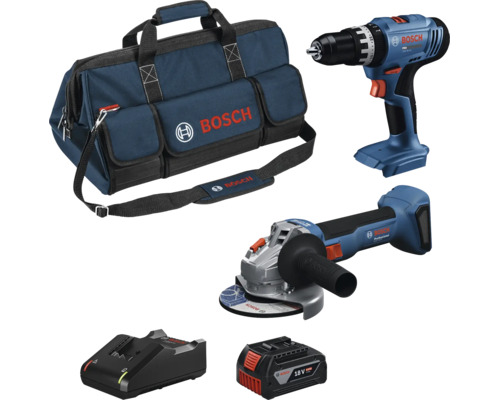 Set d'outils Bosch avec perceuse-visseuse sans fil, meuleuse d'angle, batterie 18 Volt, chargeur et sac à outils.