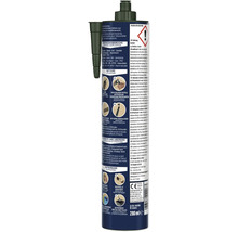 Dos d'une cartouche de 280 millilitres de silicone sanitaire avec instructions d'utilisation, de mise au rebut et avertissements de danger.
