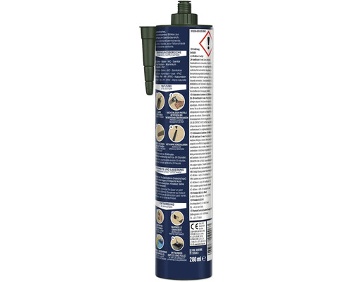 Dos d'une cartouche de 280 millilitres de silicone sanitaire avec instructions d'utilisation, de mise au rebut et avertissements de danger.
