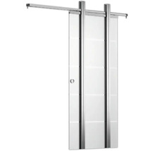 Système de porte coulissante en verre avec rails métalliques et une poignée cuvette ronde.