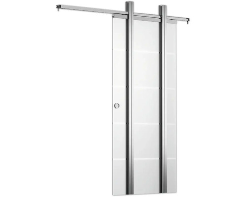 Système de porte coulissante en verre avec rails métalliques et une poignée cuvette ronde.