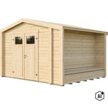 Abri de jardin en bois avec porte double et appentis intégré avec banc pour extérieur (Image AI modified or generated)