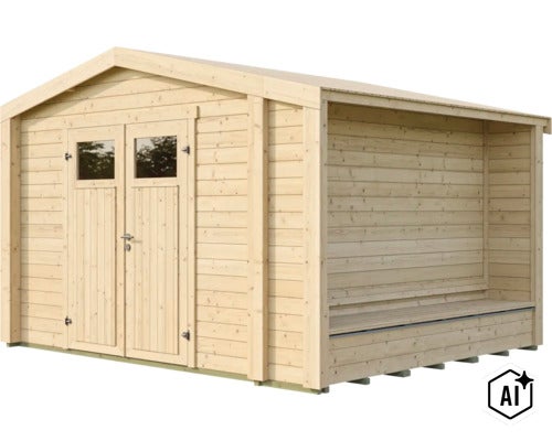 Abri de jardin en bois avec porte double et appentis intégré avec banc pour extérieur (Image AI modified or generated)