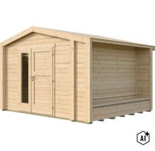 Abri de jardin en bois avec double porte, insert en verre et auvent attenant avec banc pour l extérieur (Image AI modified or generated)