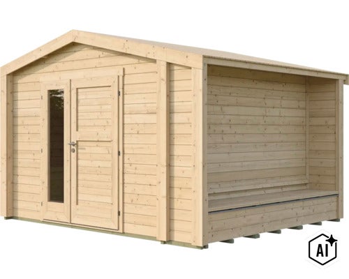 Abri de jardin en bois avec double porte, insert en verre et auvent attenant avec banc pour l extérieur (Image AI modified or generated)