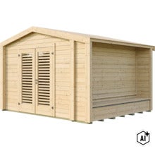 Abri de jardin en bois avec toit à deux pans, double porte avec fenêtres à lamelles et auvent latéral avec banc. (Image AI modified or generated)