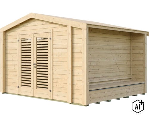 Abri de jardin en bois avec toit à deux pans, double porte avec fenêtres à lamelles et auvent latéral avec banc. (Image AI modified or generated)