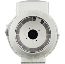 Ventilateur de conduit en plastique blanc, vue de face.