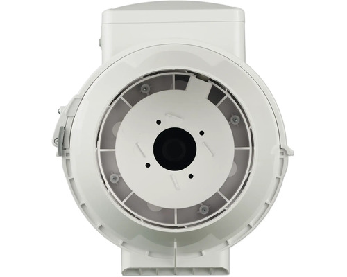 Ventilateur de conduit en plastique blanc, vue de face.