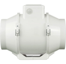 Extracteur de gaine en plastique blanc avec boîte de raccordement intégrée et clips de fixation pour systèmes de ventilation.