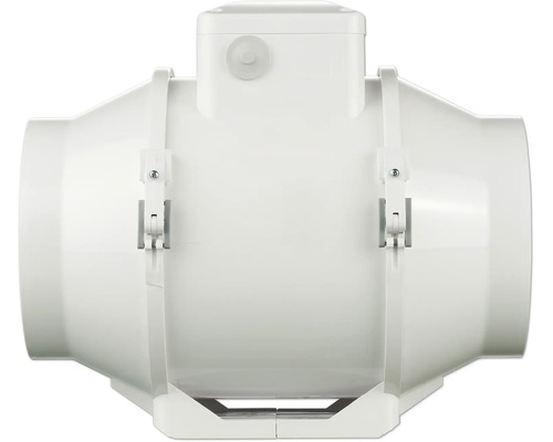 Extracteur de gaine en plastique blanc avec boîte de raccordement intégrée et clips de fixation pour systèmes de ventilation.