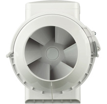 Ventilateur de conduit en plastique, vue de face avec pales de ventilateur visibles.