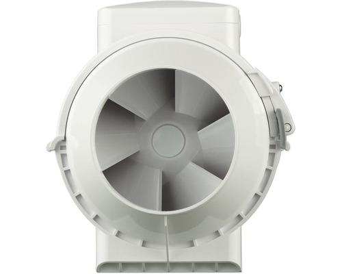 Ventilateur de conduit en plastique, vue de face avec pales de ventilateur visibles.