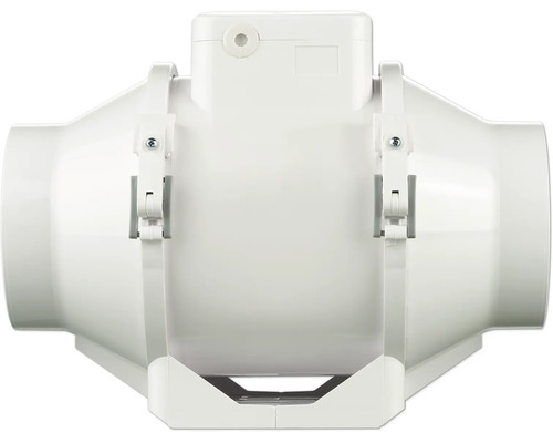 Ventilateur de conduit blanc en plastique pour systèmes de ventilation, modèle pour montage mural ou au plafond.