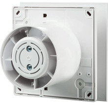 Vue arrière d'un ventilateur de salle de bain carré en plastique avec raccord de conduit rond.
