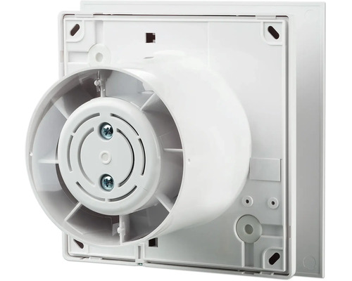 Vue arrière d'un aérateur de salle de bains carré en plastique avec raccord circulaire et pales de ventilateur.