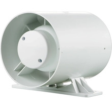 Ventilateur de conduit blanc en plastique avec support de montage pour conduits de ventilation.