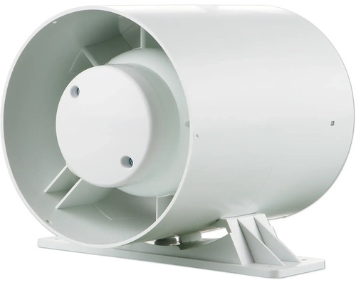 Ventilateur de conduit blanc en plastique avec support de montage pour conduits de ventilation.