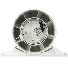 Vue arrière d'un ventilateur de conduit en plastique avec raccordement électrique visible et pales de ventilateur.