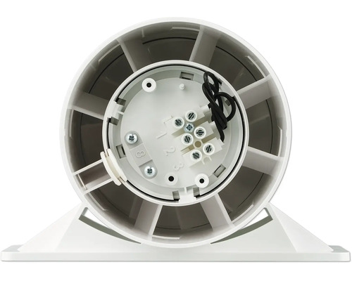 Vue arrière d'un ventilateur de conduit en plastique avec raccordement électrique visible et pales de ventilateur.