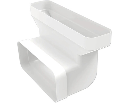 Coude de gaine plate 90 degrés en plastique pour systèmes de ventilation.